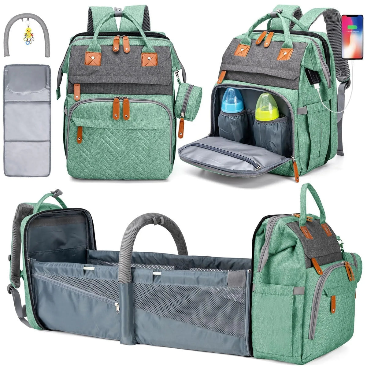 Diaper Bag Folding Bed, Multi-purpose Changing Bag with Carrier And Insulated Bottle Pocket, Diaper Backpack for Boys And Girls, Gift for Mom And Dad