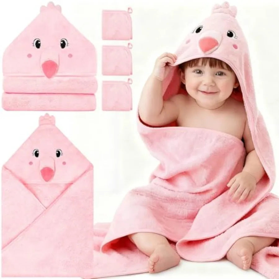 4 Pcs Baby Towels and Washcloths Set, Hooded Baby Towel, Soft and Absorbent Baby Bath Towels, 32x32 in Baby Towel with Hood and