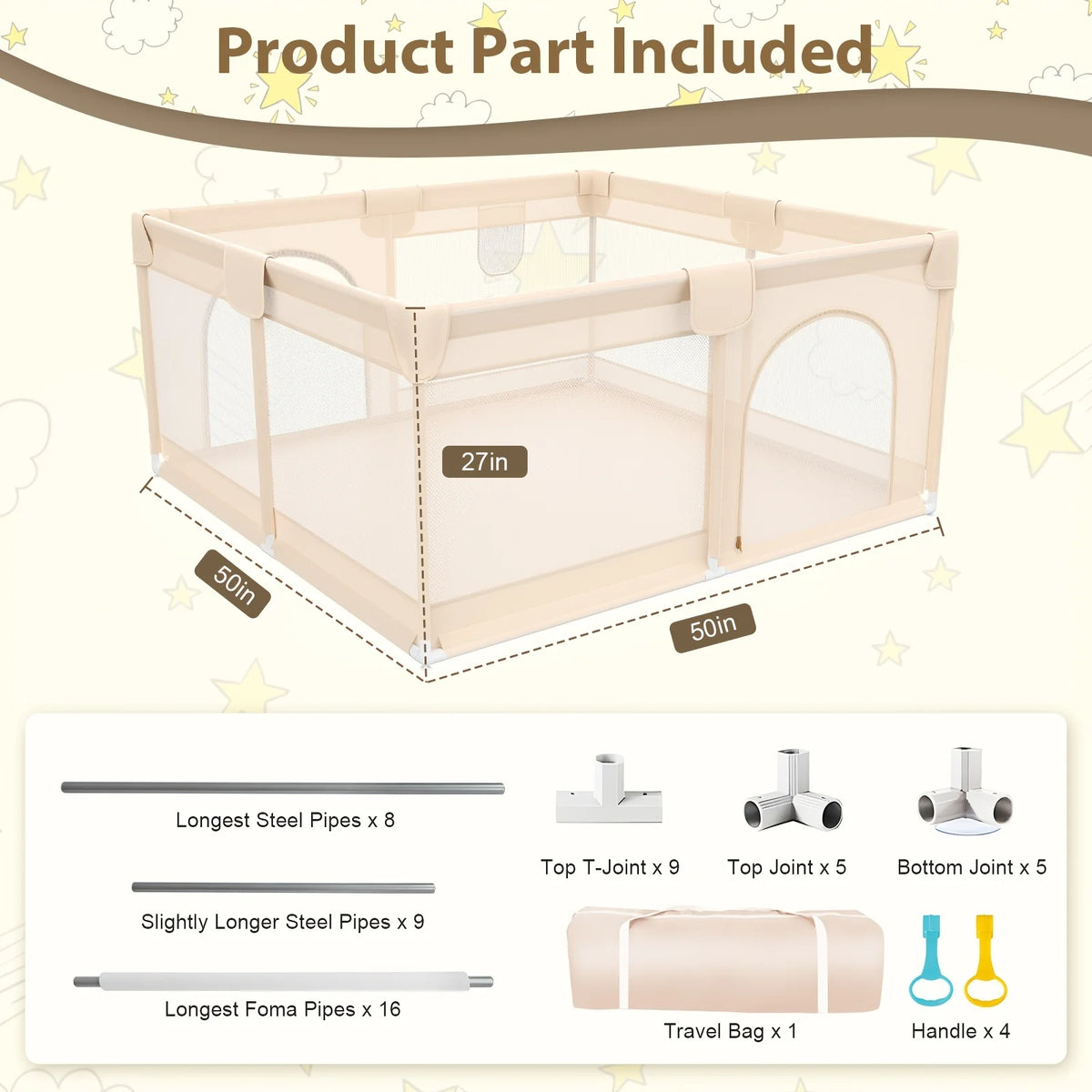 47X47 Inch Baby Playpen with 2 Handles, Toddler Play Yard with Soft And Breathable Mesh And Zipper Door, 27 Inch Height