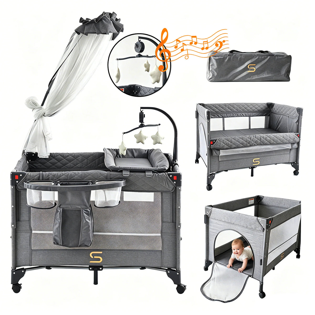 Steanny Pack N Play, All-in-one Playard with Bassinet, Pack and Play, Bedside Sleeper Foldable Travel Cribs with 4 Wheels, Changing Table, Mosquito Net, Toys Bars with Music, Unisex Playpen Combo Bassinet