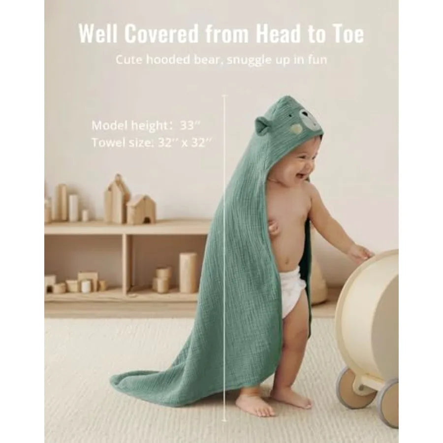 Blissful Diary Muslin Baby Hooded Towel, Soft and Absorbent Bath Towel for Newborn, Infant, Toddler, Unisex, 32″x32″