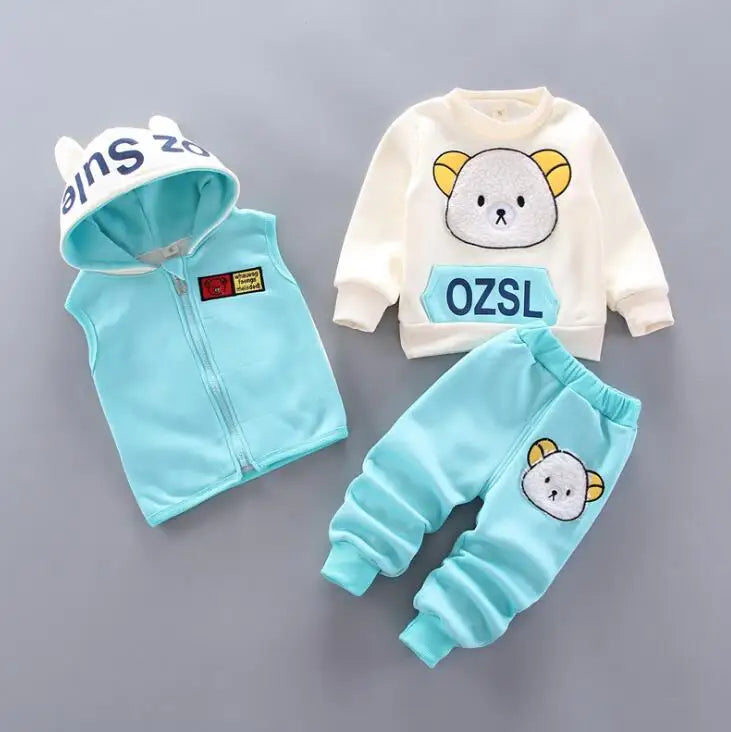3PCS Baby Boys & Girls Clothing Set – Thicken Fleece Toddler Outfits with Hooded Outerwear, Tops & Pants (Warm Costume Suit)