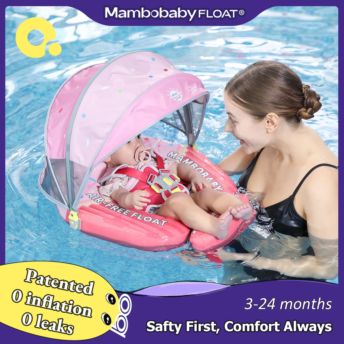 Mambobaby Baby Pool Float with Canopy & Tile Baby Swim Ring Infant Swimming Trainer Circle With Adjustable Strap for Boys Girls