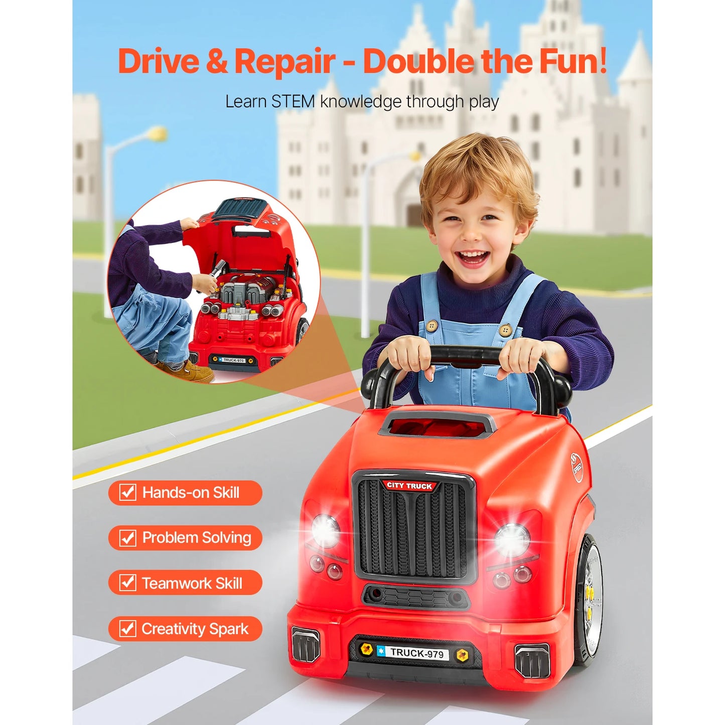 SucceBuy 60 Pcs Kids Mechanic Car Repair Set with Removable Parts & Horn Workshop Set Engine Toy for Toddler Children Gift