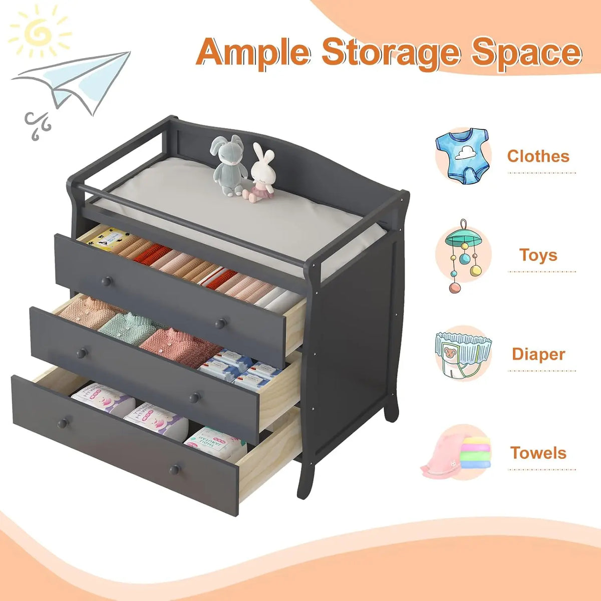 3 Drawers Baby Changing Table Wooden Diaper Changing Station With Safety Belt & Rails Toddler Dresser For Nursery Bedroom