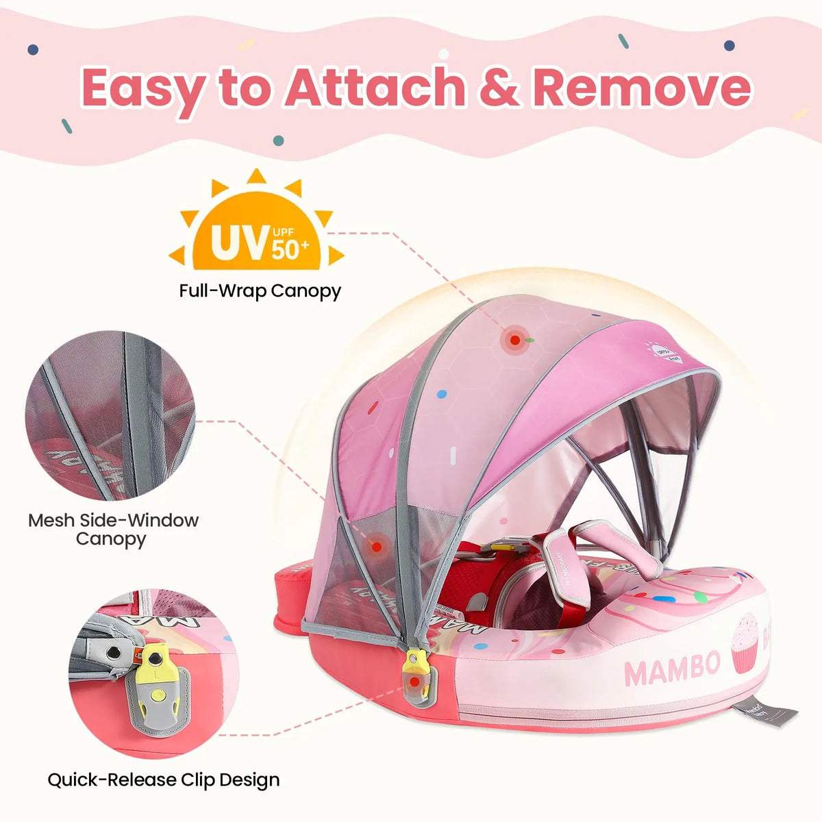 Mambobaby Baby Pool Float with Canopy & Tile Baby Swim Ring Infant Swimming Trainer Circle With Adjustable Strap for Boys Girls