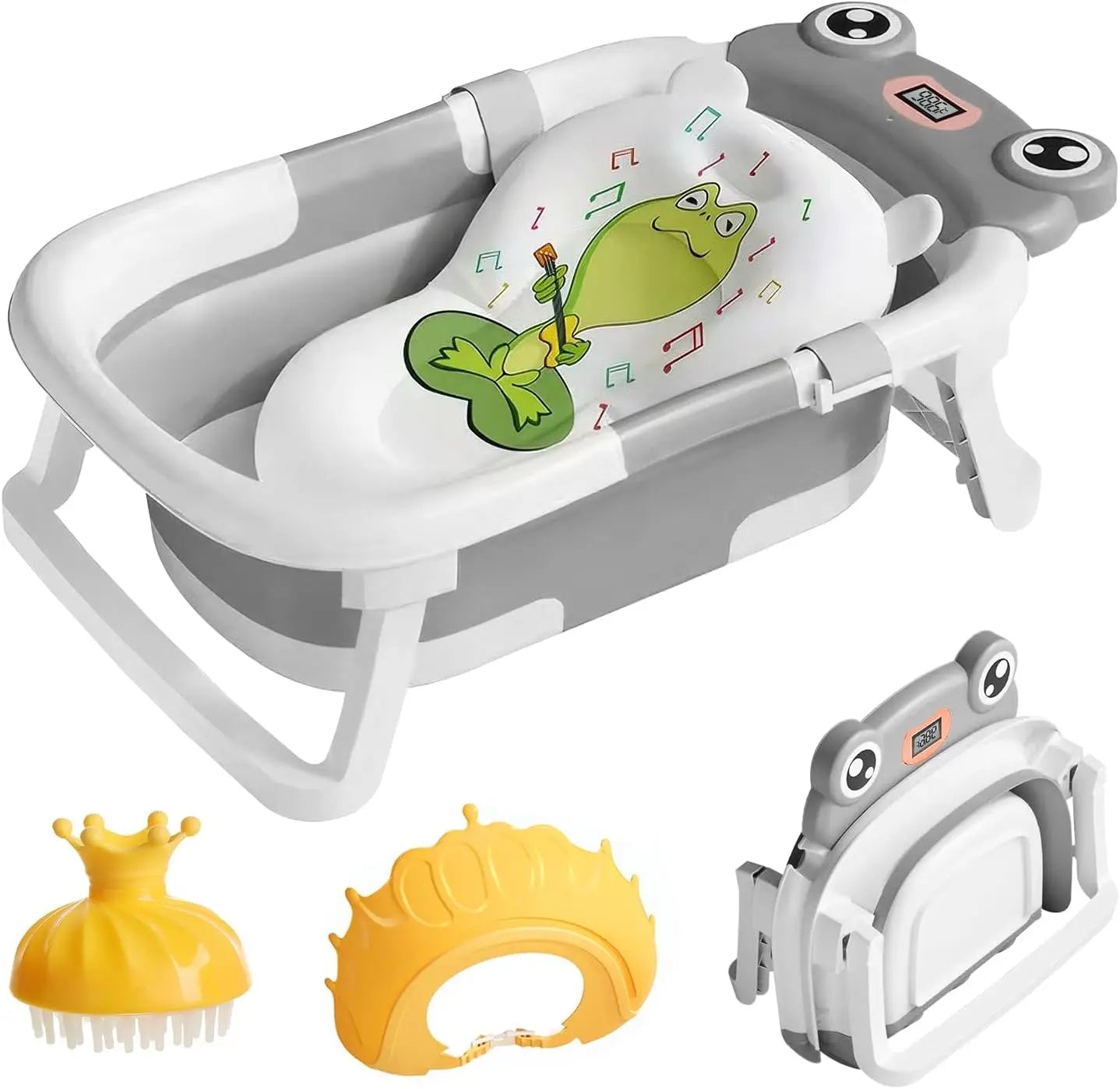 Baby Bath Tub with Bath Cushion Foldable Bathtub with Thermometer Shower Cap Shower Brush for Newborn and Toddler 0-36 Months