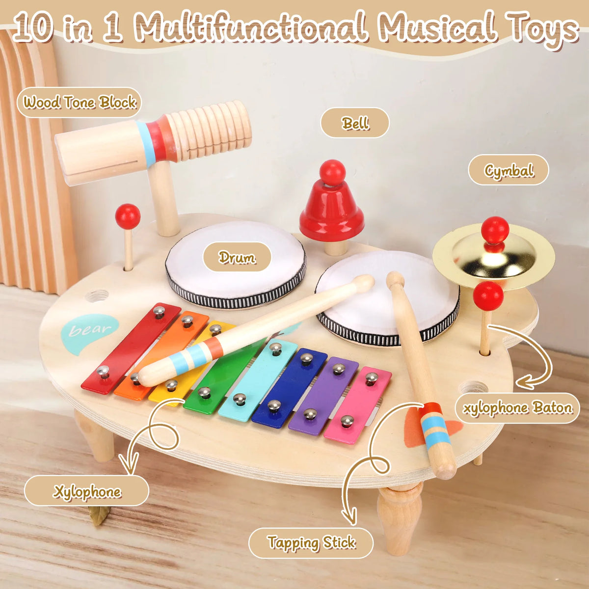 10‑in‑1 Wooden Kids Musical Instrument Table Toddler Percussion Toy Xylophone Drum Bell Cymbal Wood Tone Block Set Montessori Educational Music Play Toy Gift for 1‑4 Years Boys Girls