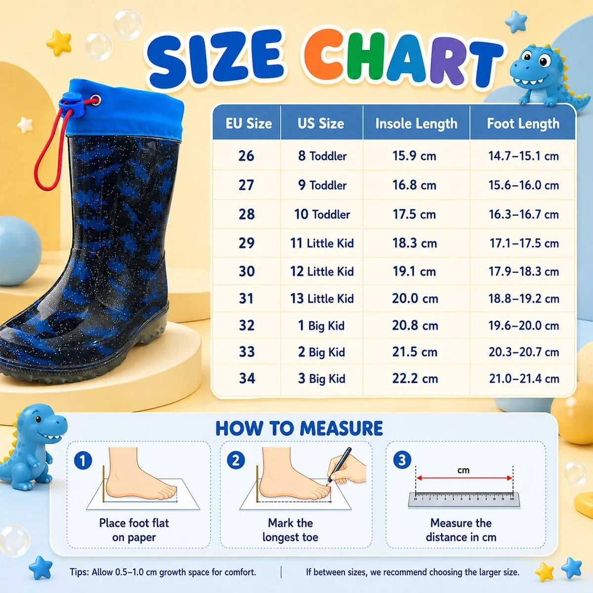 Kids Dinosaur Glitter Rain Boots Drawstring Waterproof Anti-slip Comfort Flexible Boys Outdoor Rain Wellies