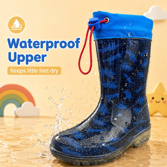 Kids Dinosaur Glitter Rain Boots Drawstring Waterproof Anti-slip Comfort Flexible Boys Outdoor Rain Wellies