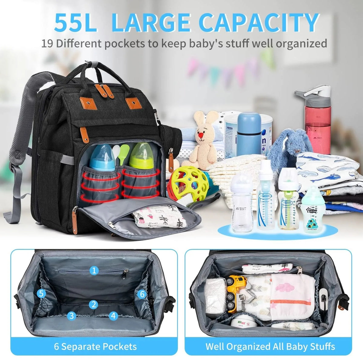 Diaper Bag Folding Bed, Multi-purpose Changing Bag with Carrier And Insulated Bottle Pocket, Diaper Backpack for Boys And Girls, Gift for Mom And Dad