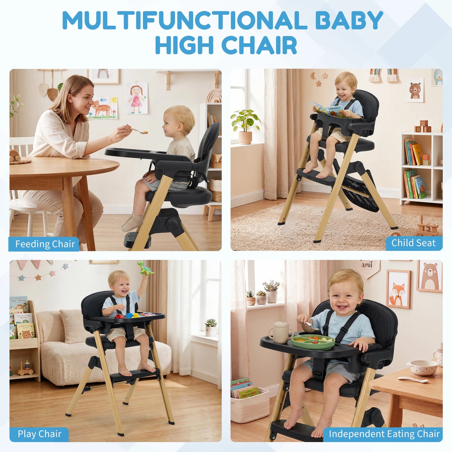 Baby High Chair for Babies Toddlers, Foldable Portable Highchair, Toddler Feeding Seat, Easy Clean Waterproof Cushion, Removable Tray, Adjustable Footrest, Black Wood Grain Legs