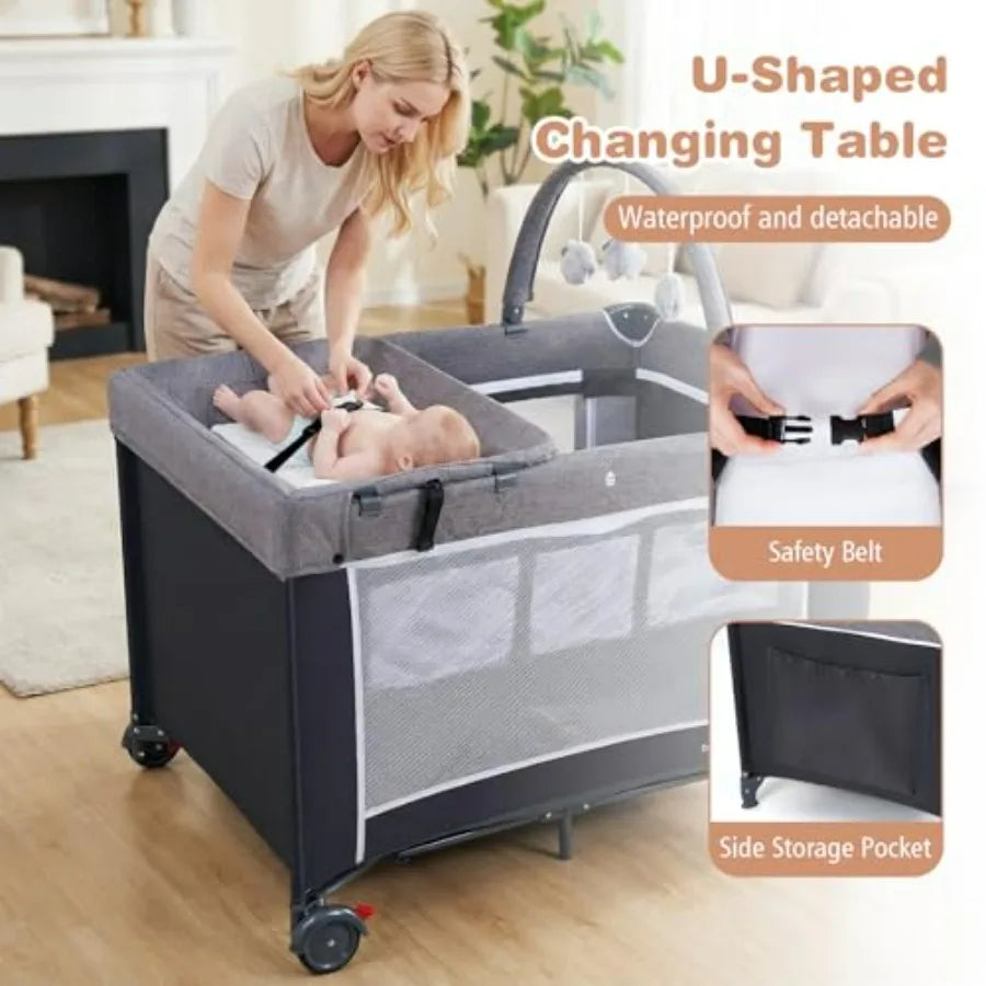 3 in 1 Pack and Play Travel Crib Bassinet Bed for Baby with Changing Table Safety Belt Toy Bar Lockable Wheels Portable Baby P