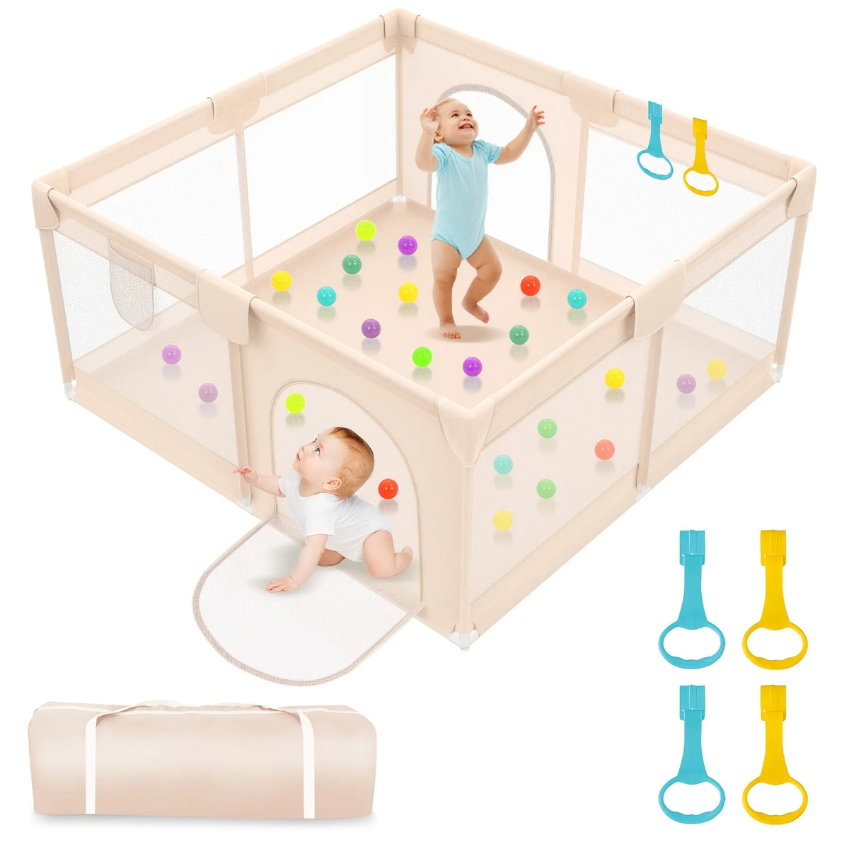 47X47 Inch Baby Playpen with 2 Handles, Toddler Play Yard with Soft And Breathable Mesh And Zipper Door, 27 Inch Height