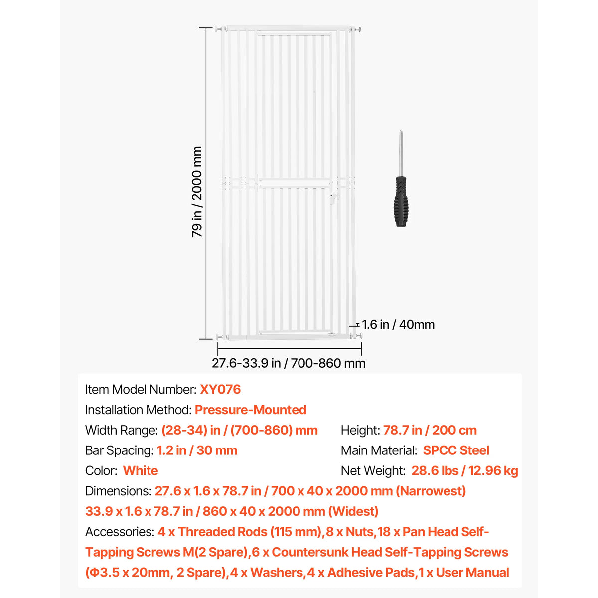 SucceBuy Baby Gate for Stairs Adjustable Width No Bottom Bar One-Handed Operation Easy Drilling Installation with Hardware Kit