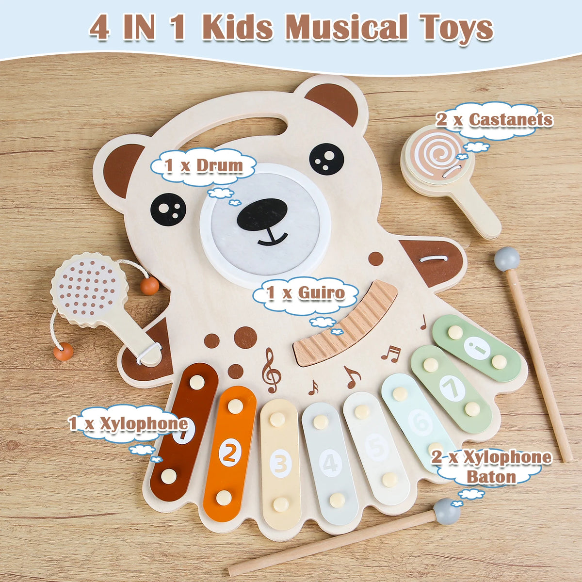 Multifunctional Wooden Toddler Musical Table Xylophone Drum Bell Maraca Set Kids Educational Percussion Instrument Toy for Baby Gift