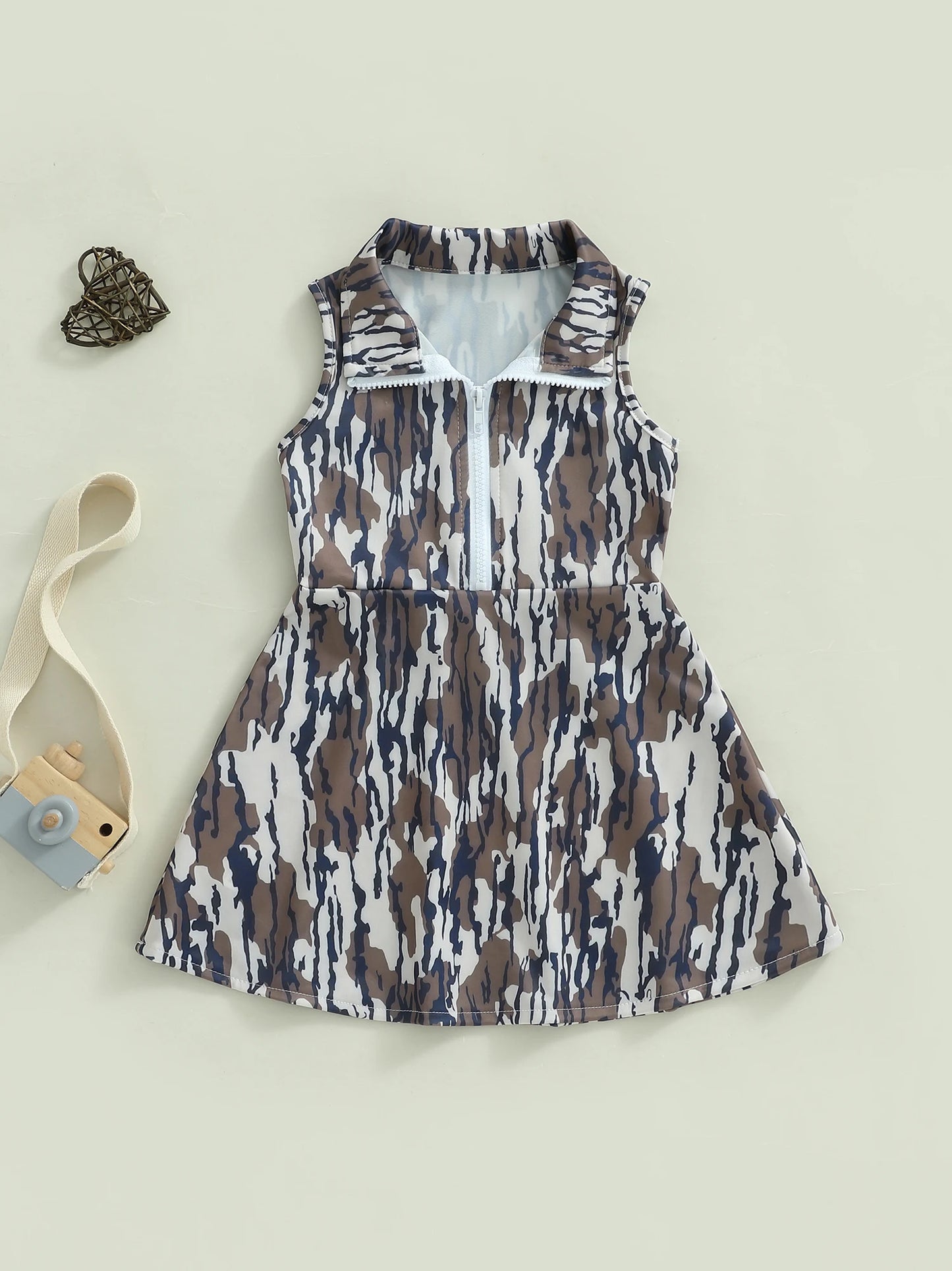 Toddler Boy Camo Print Sleeveless Collared Dress with Half Zip-up A-line Design Casual Summer Outfit for Kids