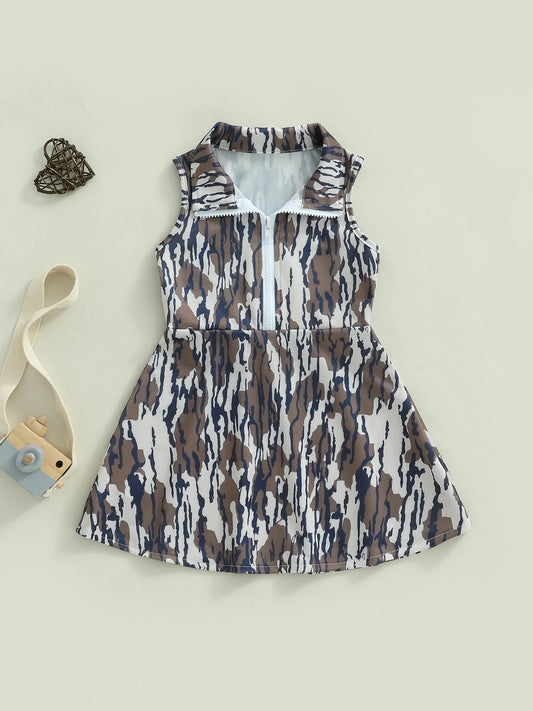 Toddler Boy Camo Print Sleeveless Collared Dress with Half Zip-up A-line Design Casual Summer Outfit for Kids