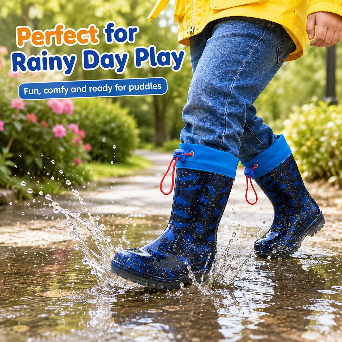 Kids Dinosaur Glitter Rain Boots Drawstring Waterproof Anti-slip Comfort Flexible Boys Outdoor Rain Wellies