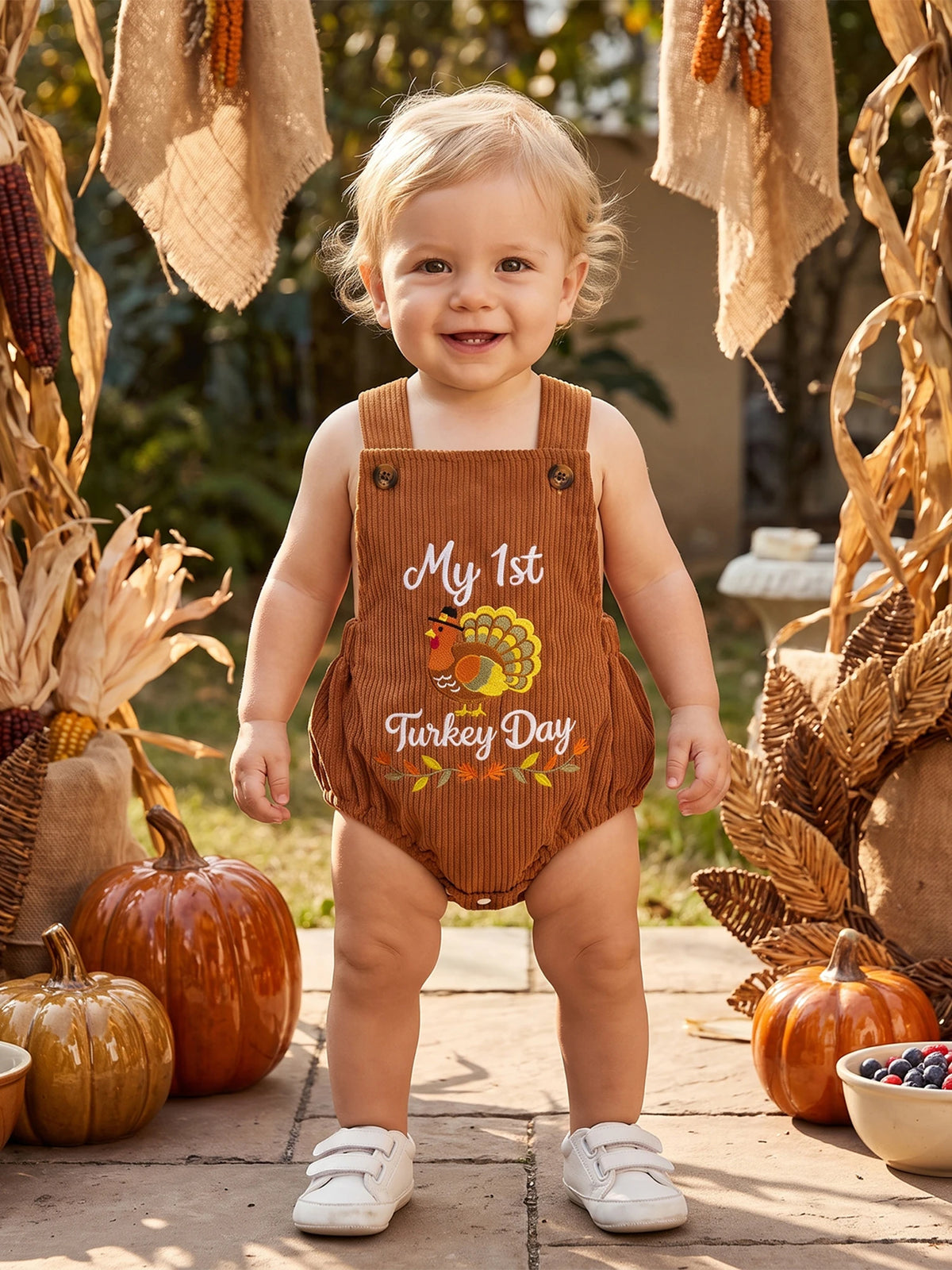Baby Thanksgiving Romper Sleeveless Bodysuit Thanksgiving-Romper Turkey Overalls Turkey Overalls Premium