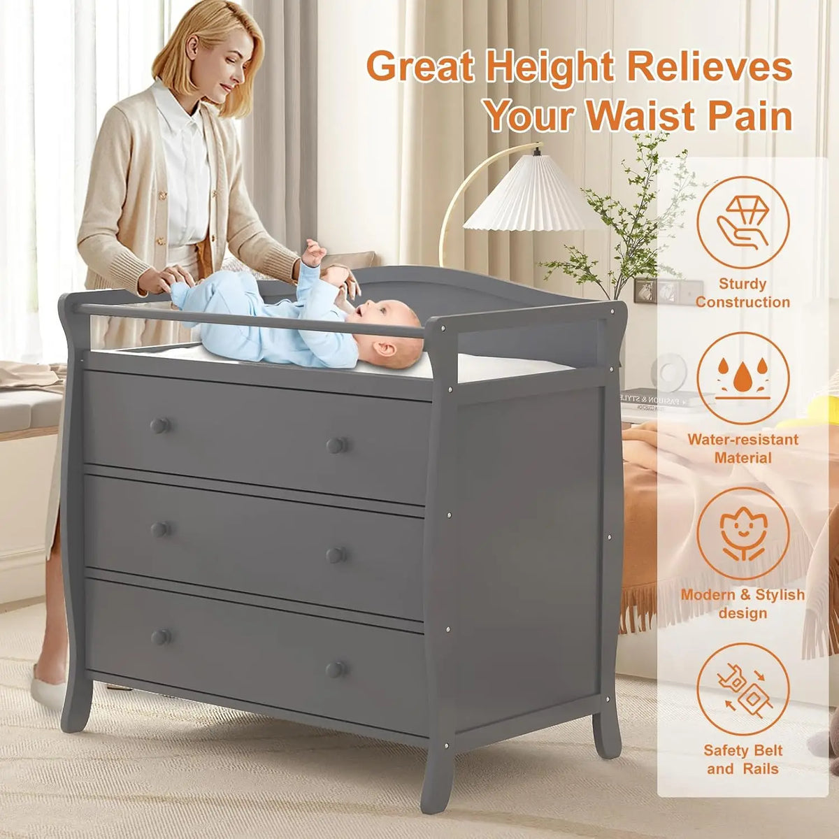 3 Drawers Baby Changing Table Wooden Diaper Changing Station With Safety Belt & Rails Toddler Dresser For Nursery Bedroom