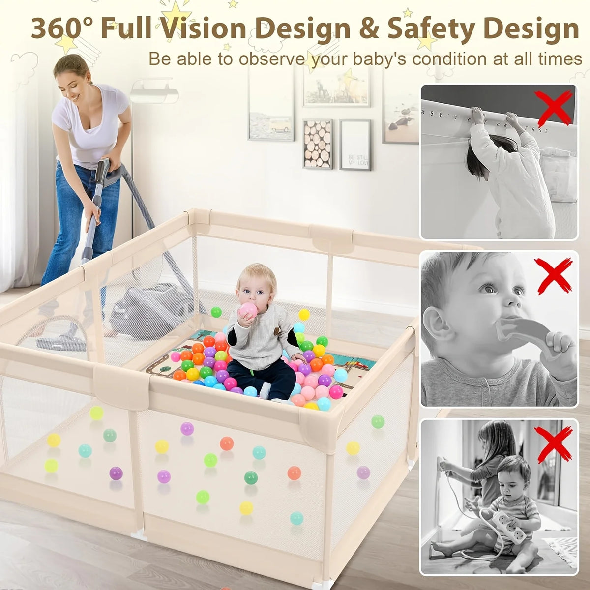 47X47 Inch Baby Playpen with 2 Handles, Toddler Play Yard with Soft And Breathable Mesh And Zipper Door, 27 Inch Height