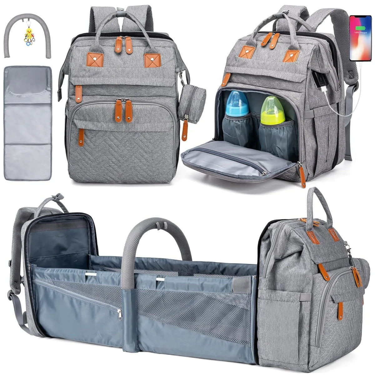 Diaper Bag Folding Bed, Multi-purpose Changing Bag with Carrier And Insulated Bottle Pocket, Diaper Backpack for Boys And Girls, Gift for Mom And Dad