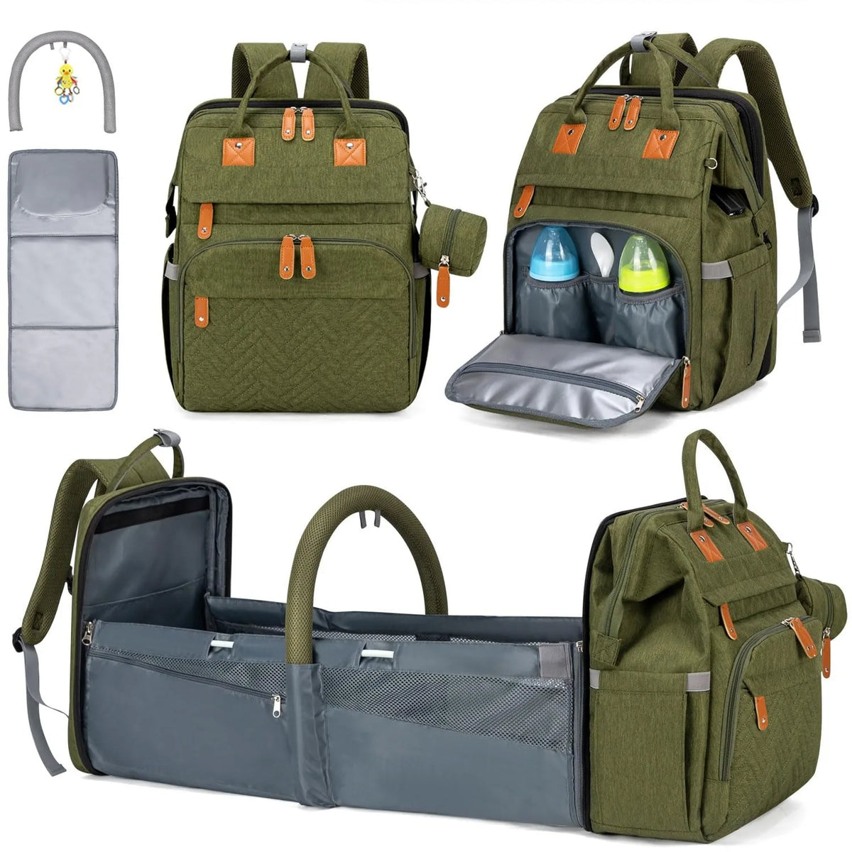 Diaper Bag Folding Bed, Multi-purpose Changing Bag with Carrier And Insulated Bottle Pocket, Diaper Backpack for Boys And Girls, Gift for Mom And Dad