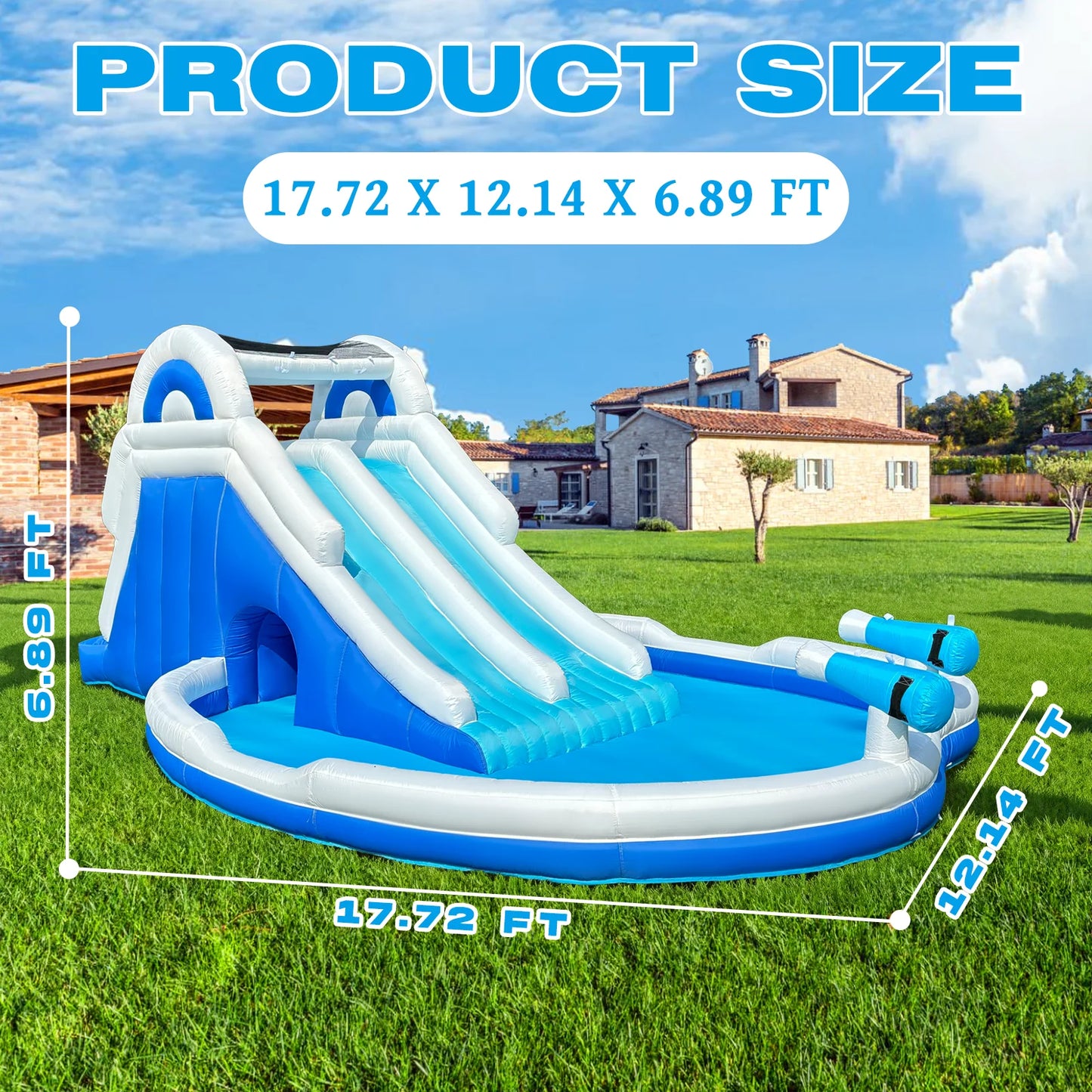 Blue & White Outdoor Inflatable Oxford Fabric Water Slide Pool for Kids, Dual Slides with Sprayers, Backyard Summer Fun Toy for Children