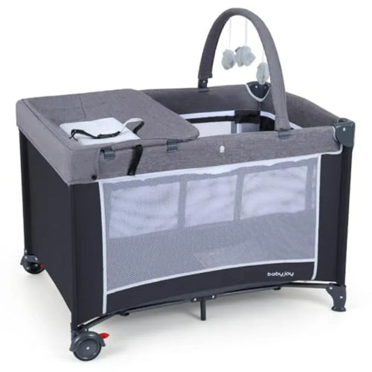 3 in 1 Pack and Play Travel Crib Bassinet Bed for Baby with Changing Table Safety Belt Toy Bar Lockable Wheels Portable Baby P
