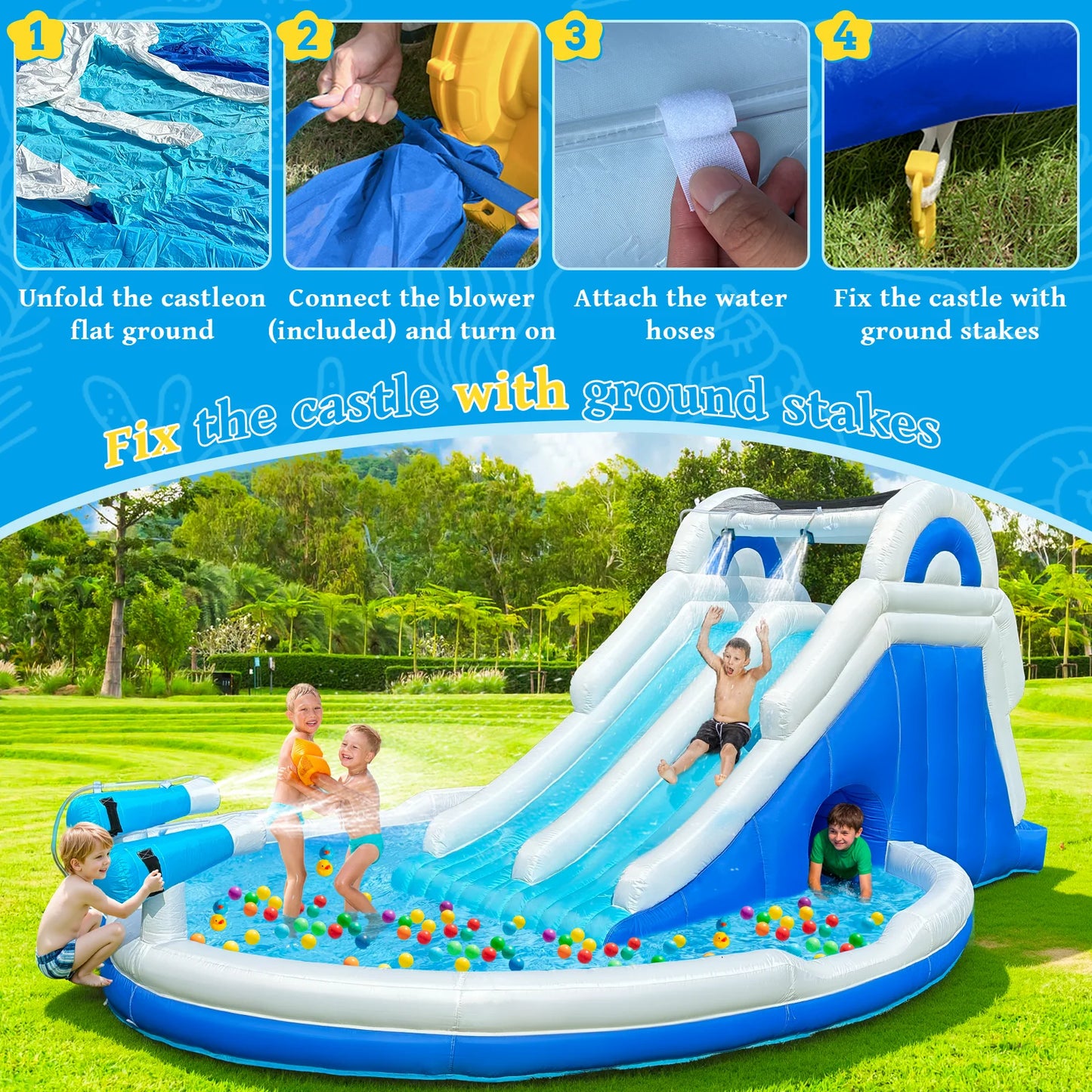 Blue & White Outdoor Inflatable Oxford Fabric Water Slide Pool for Kids, Dual Slides with Sprayers, Backyard Summer Fun Toy for Children