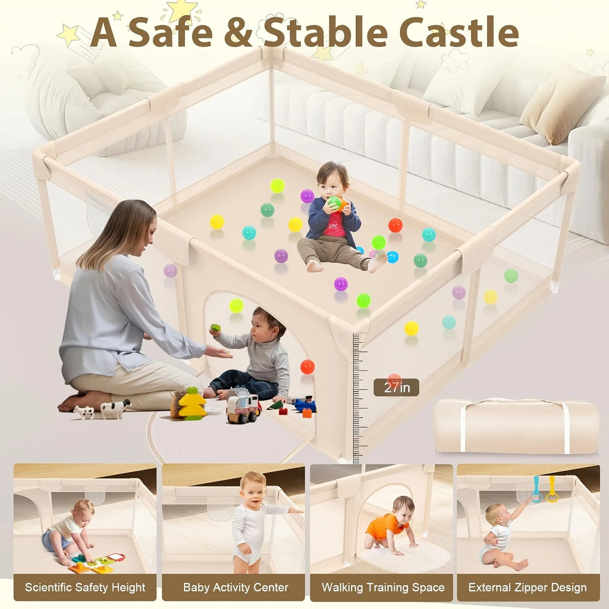 47X47 Inch Baby Playpen with 2 Handles, Toddler Play Yard with Soft And Breathable Mesh And Zipper Door, 27 Inch Height