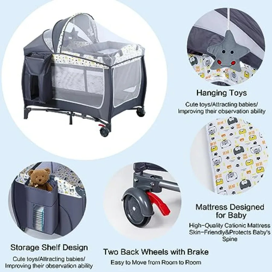 4 in 1 Portable Nursery Center Playard with Bassinet Changing Table Foldable Baby Crib Travel Playpen with Wheels Removable Can
