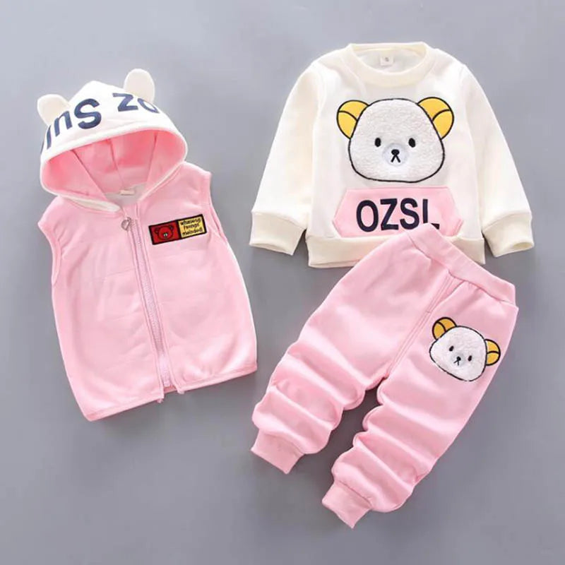 3PCS Baby Boys & Girls Clothing Set – Thicken Fleece Toddler Outfits with Hooded Outerwear, Tops & Pants (Warm Costume Suit)