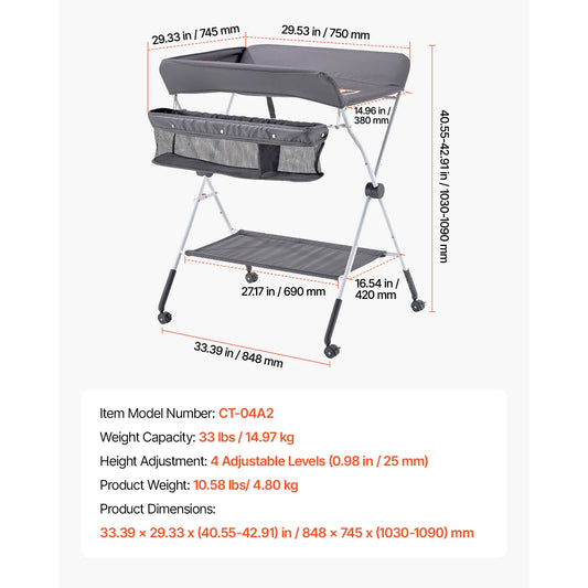 SucceBuy Baby Changing Table Foldable Diaper Change Station with 2 Fabric Drawers Side Basket & Hanging Rod Adjustable Height