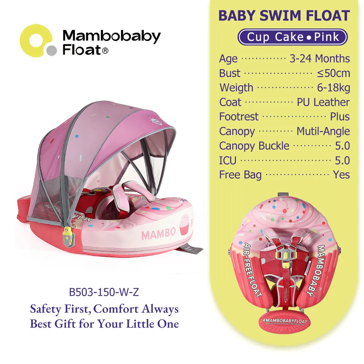 Mambobaby Baby Pool Float with Canopy & Tile Baby Swim Ring Infant Swimming Trainer Circle With Adjustable Strap for Boys Girls