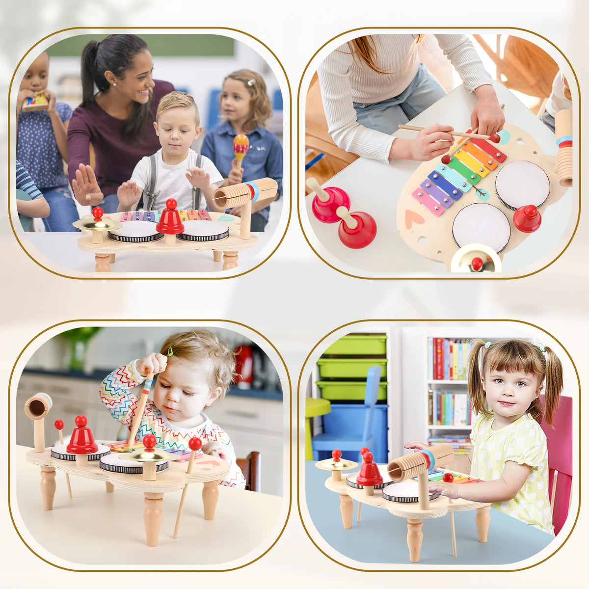 10‑in‑1 Wooden Kids Musical Instrument Table Toddler Percussion Toy Xylophone Drum Bell Cymbal Wood Tone Block Set Montessori Educational Music Play Toy Gift for 1‑4 Years Boys Girls