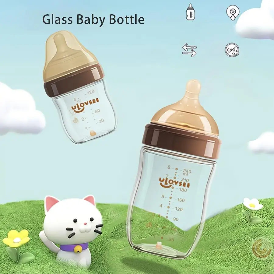 4oz,8oz High Borosilicate Glass Baby Bottles, Wide-Neck Glass Feeding Bottle, Milk Bottle with Bottom Air Balance Hole/Valve, Perfect Gift for Newborn