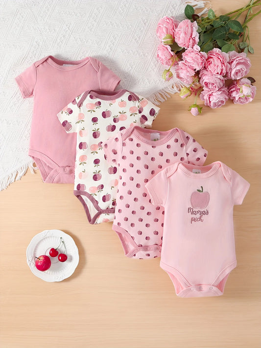 4pcs Set Of Baby Girl Short Sleeved Triangle Jumpsuit,  Apple Flower Cute Baby Girl Hoodie, Crawling Suit, Perfect for Outdoor