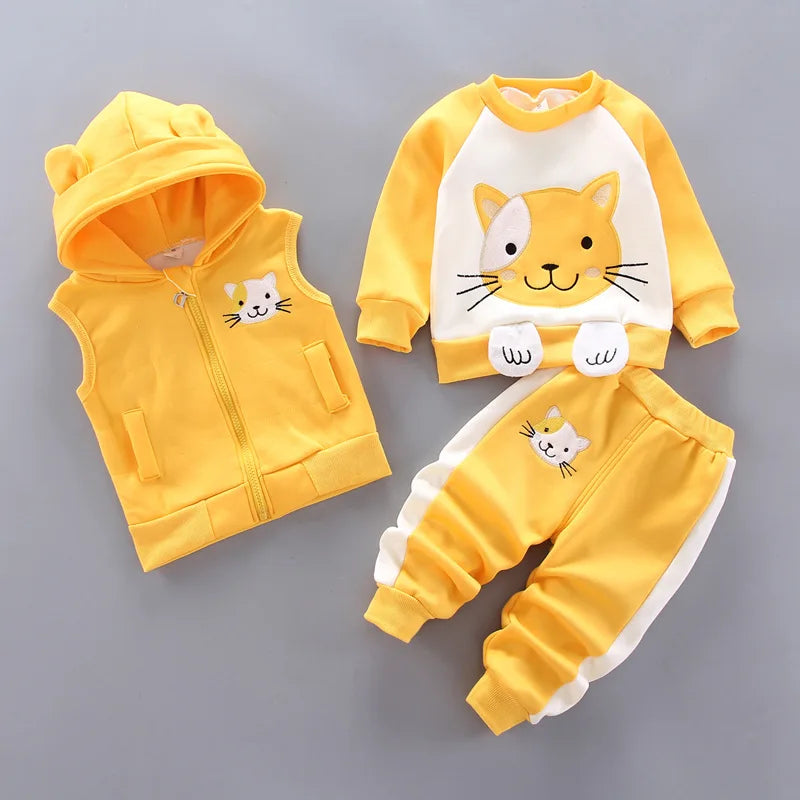 3PCS Baby Boys & Girls Clothing Set – Thicken Fleece Toddler Outfits with Hooded Outerwear, Tops & Pants (Warm Costume Suit)