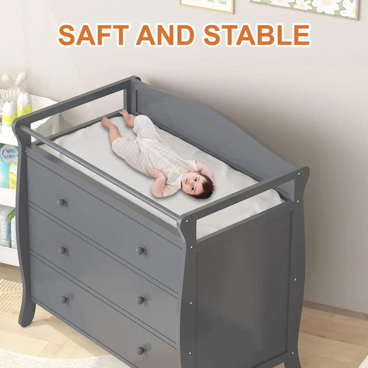 3 Drawers Baby Changing Table Wooden Diaper Changing Station With Safety Belt & Rails Toddler Dresser For Nursery Bedroom