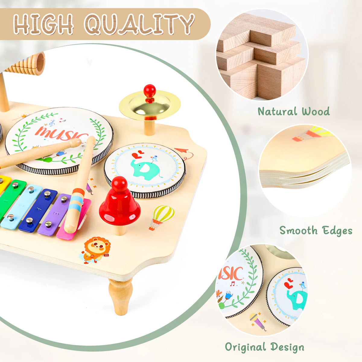 Multifunctional 10 in 1 Wooden Toddler Music Table Xylophone Drum Bell Cymbal Percussion Instrument Set Montessori Educational Baby Musical Toy Birthday Gift