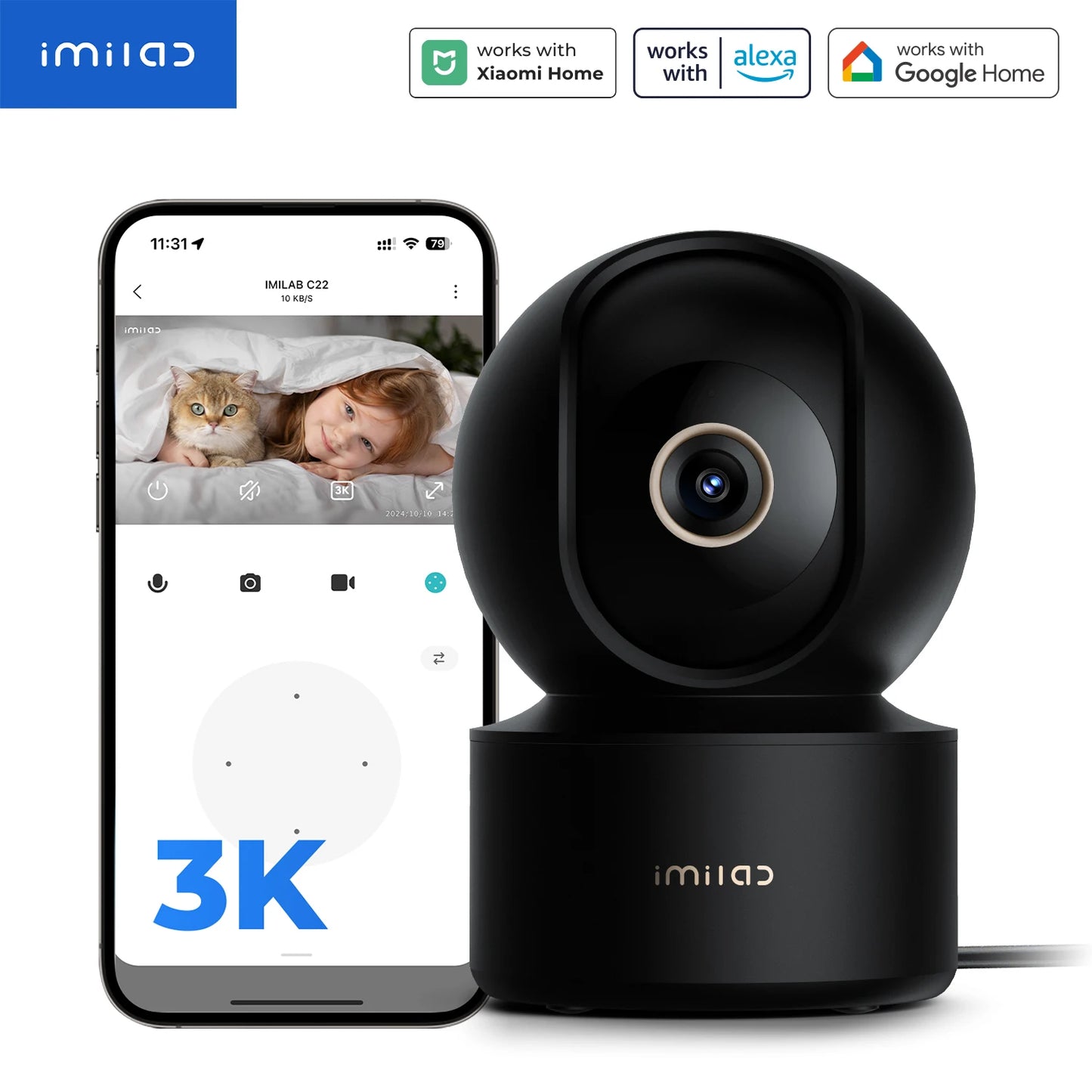 IMILAB C22 WiFi Baby Monitor Indoor Camera - AI Detection Night Vision 2-Way Audio 360° PTZ for Child Safety