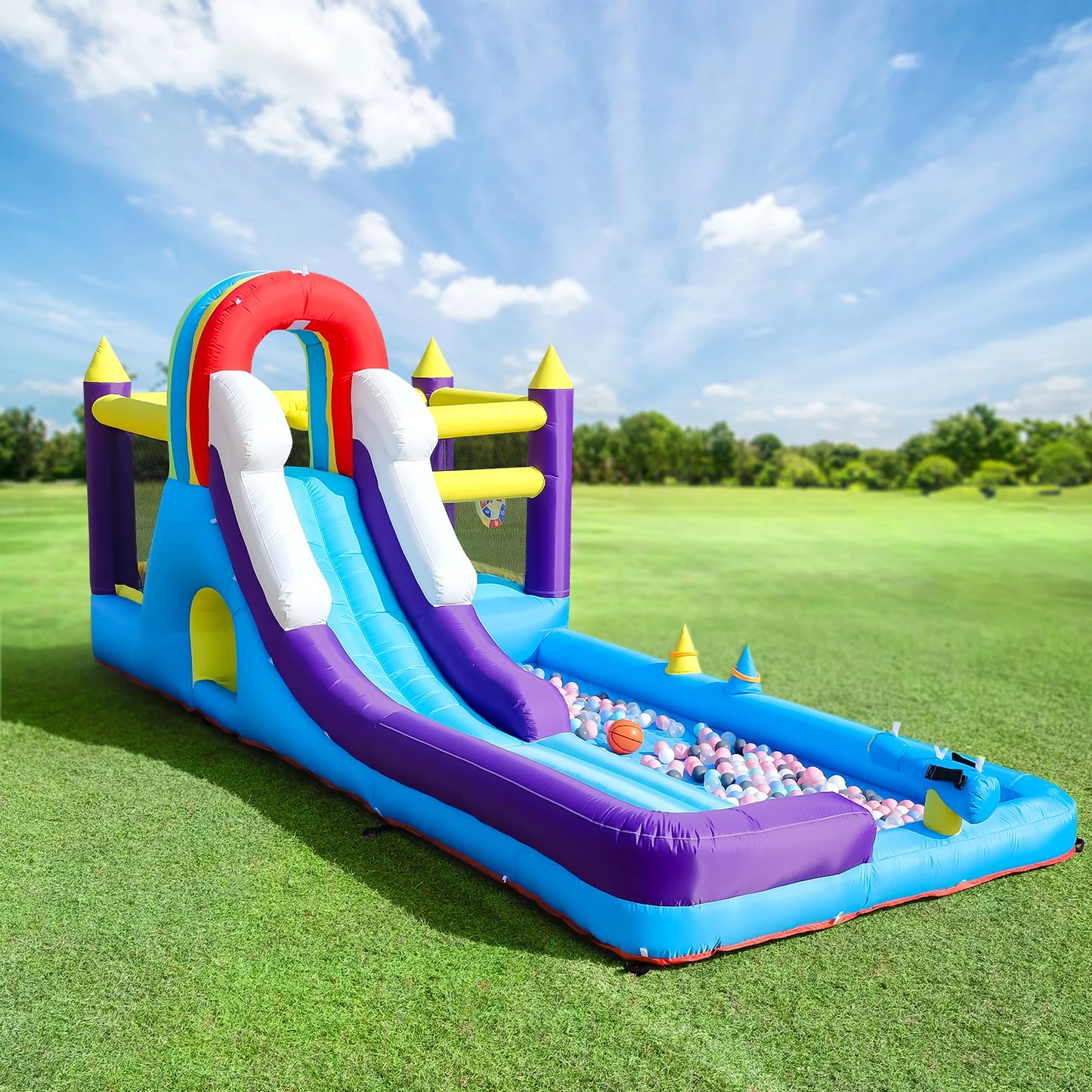 23FT Inflatable Water Slide with Splash Pool, Outdoor  Water Park Slide, Heavy Duty Bounce House with Climbing Wall & Water Spray for Summer Party Family Fun