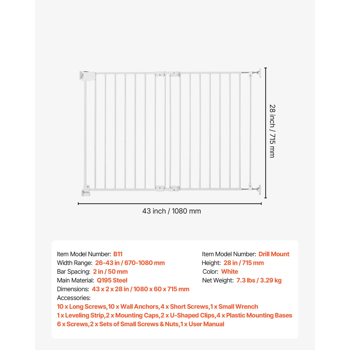 SucceBuy Baby Gate for Stairs Adjustable Width No Bottom Bar One-Handed Operation Easy Drilling Installation with Hardware Kit