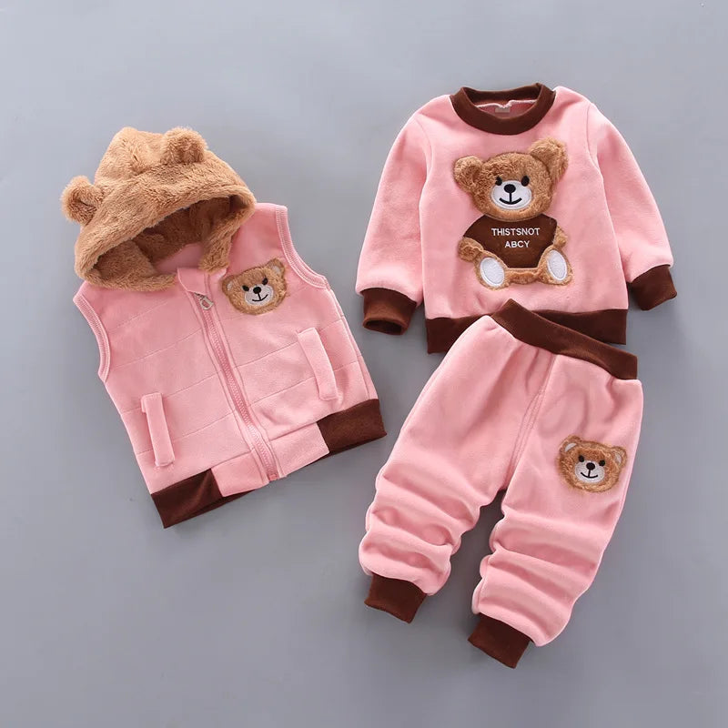 3PCS Baby Boys & Girls Clothing Set – Thicken Fleece Toddler Outfits with Hooded Outerwear, Tops & Pants (Warm Costume Suit)