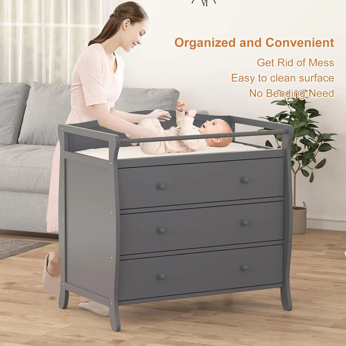 3 Drawers Baby Changing Table Wooden Diaper Changing Station With Safety Belt & Rails Toddler Dresser For Nursery Bedroom