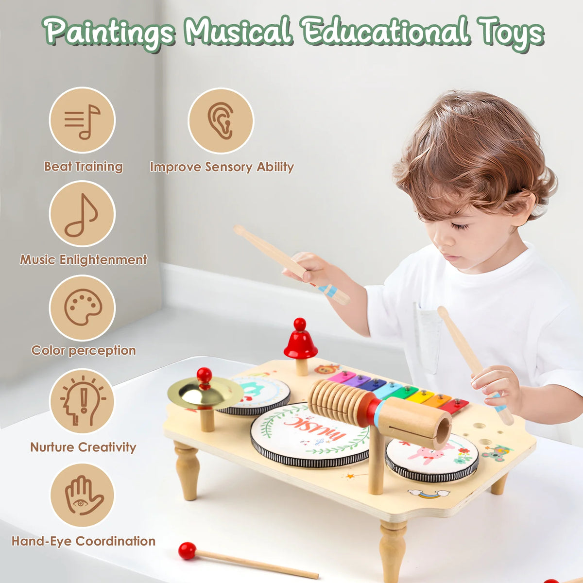 Multifunctional 10 in 1 Wooden Toddler Music Table Xylophone Drum Bell Cymbal Percussion Instrument Set Montessori Educational Baby Musical Toy Birthday Gift