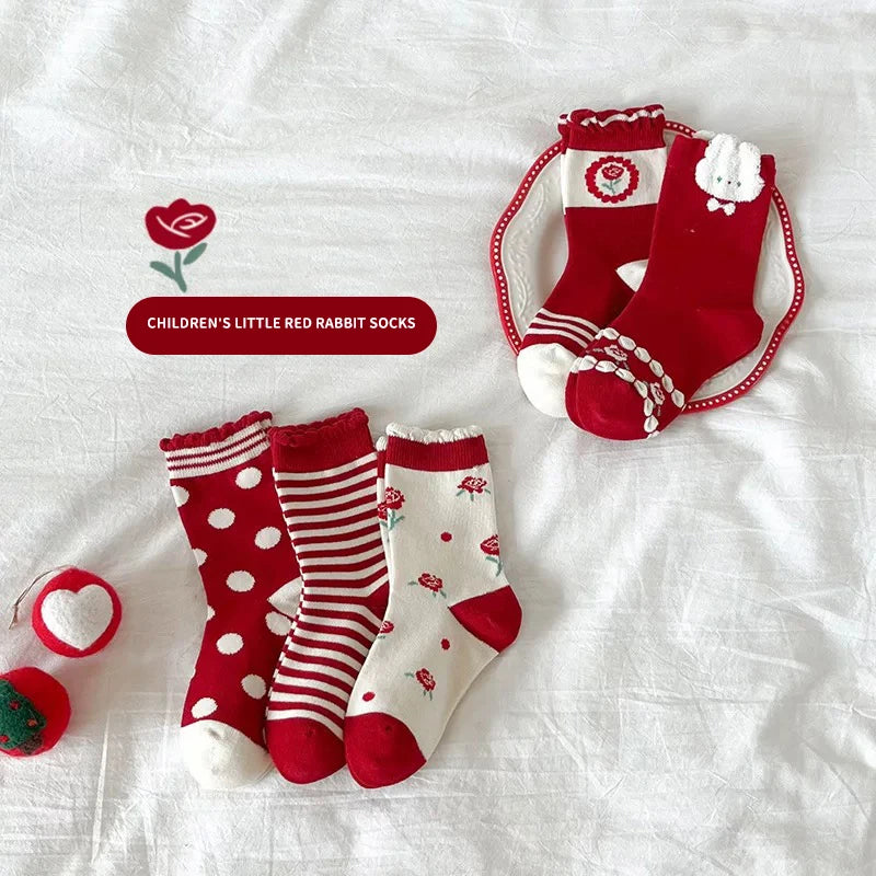 5 Pairs Warm Children Girls Mid-calf Socks Festivial Celebration Red Color Lucky Symbol FLoral Rabbits Comfortable Soft Soks