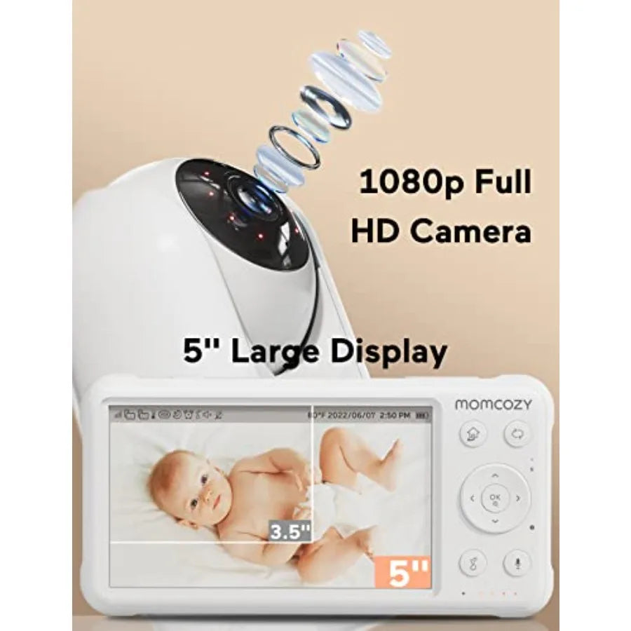 Video Baby Monitor, 1080P 5 HD Baby Monitor with Plastic Housing, White, Infrared Night Vision 2-Way Audio for Nursery Use
